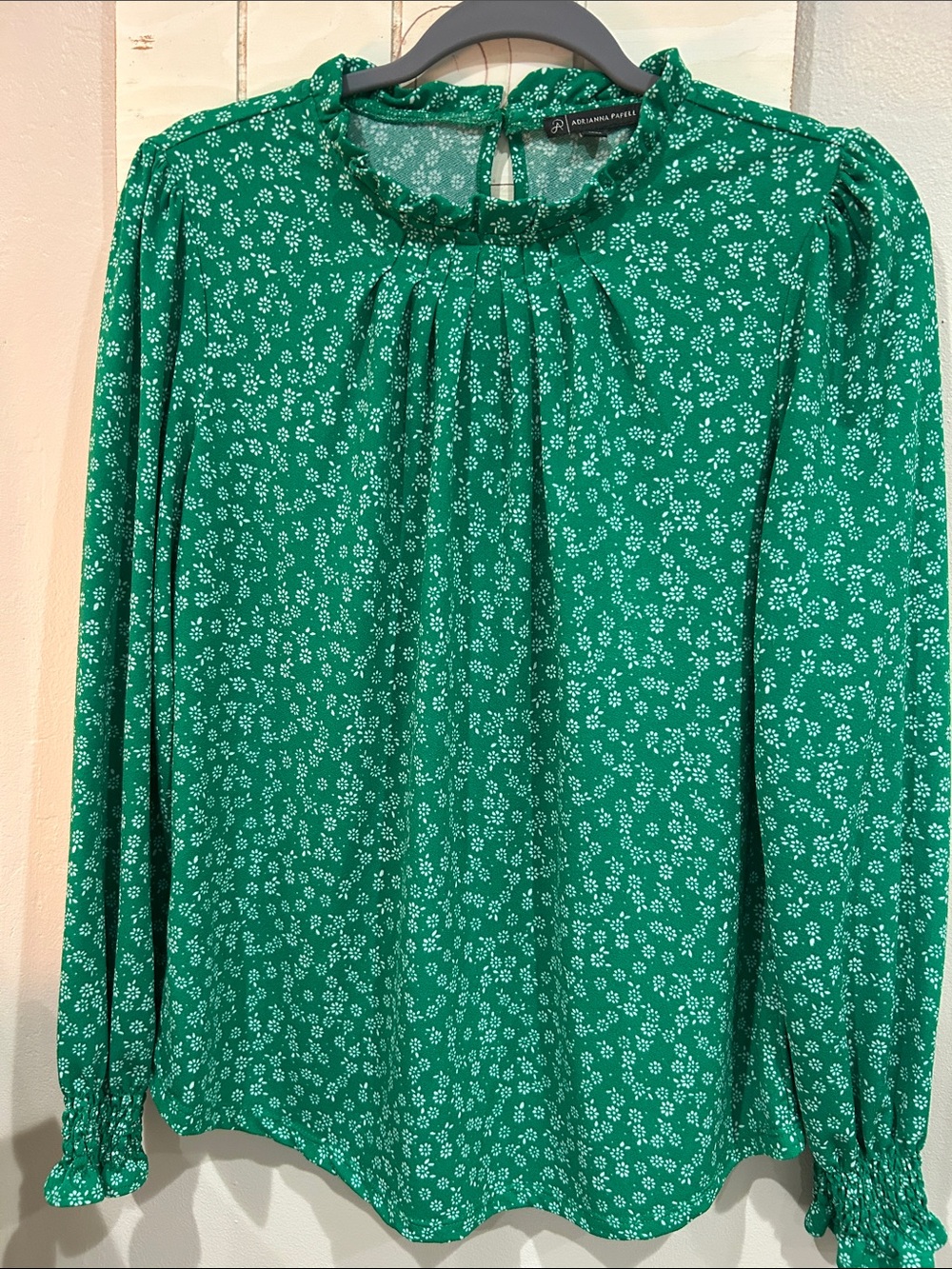 Adrianna Papell Emerald Green Floral Ruffle-Neck Blouse